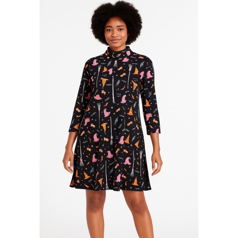 Womens Black Halloween Witch Raven Novelty Print Mock Neck Dress size Medium